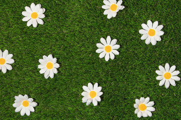 Spring creative pattern with white flower heads  on green grass background. 80s or 90s aesthetic...