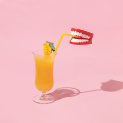 Summer creative layout with fake teeth drinking cocktail on pastel pink background. 80s or 90s retro fashion aesthetic fun concept. Minimal summer holiday idea.