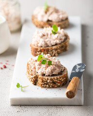 bruschetta with tuna pate, fish rillettes
