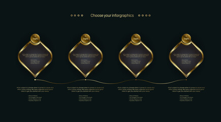The golden Business buttons charts with Four Timeline Process Chart Infographics design on dark background Template. vector, illustration