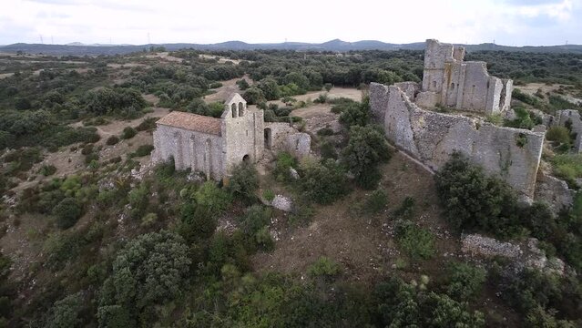 Aerial View of an abandoned and old castle Chateau d'Aumelas in South of France