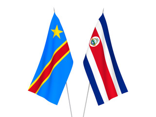 National fabric flags of Democratic Republic of the Congo and Republic of Costa Rica isolated on white background. 3d rendering illustration.