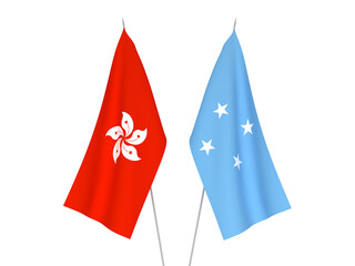 National fabric flags of Hong Kong and Federated States of Micronesia isolated on white background. 3d rendering illustration.