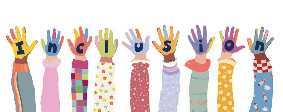 Concept of inclusion diversity equality. Group of painted hands of joyful happy multicultural kids and baby girls and boys.Colorful kids hands with smile.Preschool - school kindergarten 