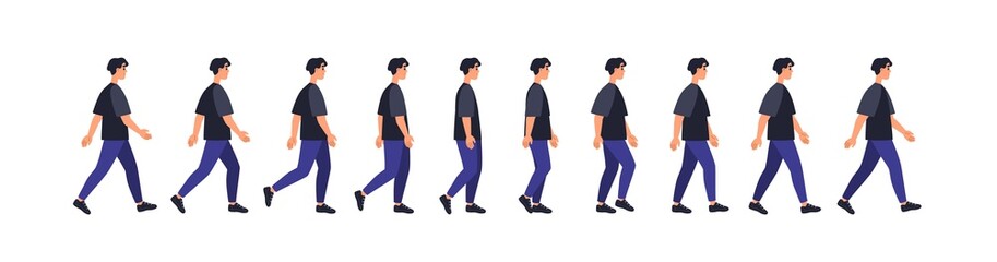 Fototapeta premium Full walk cycle sequence animation. Man in motion, going, stepping side view. Male gait phases, positions. Casual person profile moving. Flat vector illustrations isolated on white background