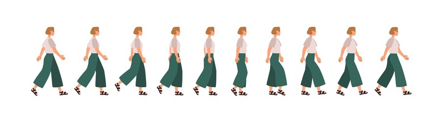 Walk sequence animation. Woman in motion, full moving cycle by steps. Female figure profile going. Gait movement phases. Pedestrian side view. Flat vector illustrations isolated on white background