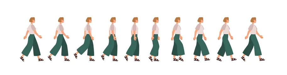 Fotobehang Walk sequence animation. Woman in motion, full moving cycle by steps. Female figure profile going. Gait movement phases. Pedestrian side view. Flat vector illustrations isolated on white background © Good Studio