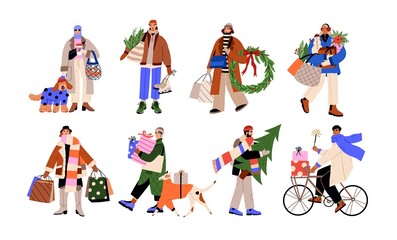 People going with gift, bag, Xmas tree after winter shopping, preparing for Christmas holidays. Happy men, women in wintertime outdoors. Flat graphic vector illustrations isolated on white background