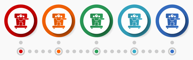 Coffee machine concept vector icon set, infographic template, flat design circle colorful web buttons in 5 color options