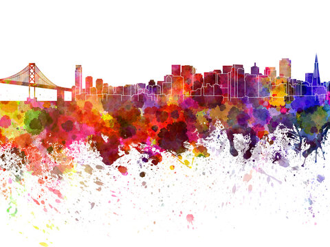 San Francisco skyline in watercolor on white background