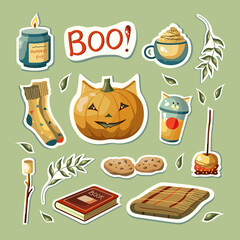 Set of autumn vector illustrations with pumpkin, candle, marshmallow, caramel apple, and items. Cute fall stickers.