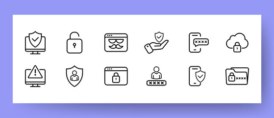 Pictogram set icon. Success, a tick on the monitor, an incognito tab, a password, a lock, protection, etc. Work with computer concept. Vector line icon for Business and Advertising
