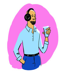 Man with headphones holding cup of coffee. Vector illustration eps 10 on white background