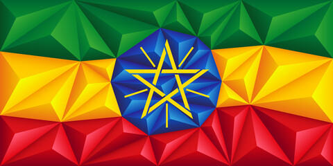 Abstract polygonal background in the form of colorful green, yellow and red stripes of the Ethiopian flag. Ethiopian polygonal flag.