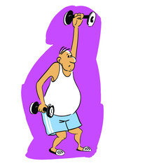 Man does workout with dumbbells. Vector illustration eps 10 on white background