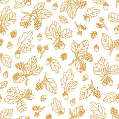 Acorns, forest nuts and raspberry seamless pattern