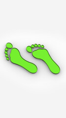 two green glass bare footprints. bare footprint close up. Vertical image. 3D image. 3D rendering.