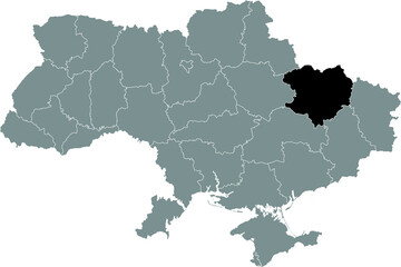 Black flat blank highlighted locator map of the Ukrainian administrative area of KHARKIV OBLAST inside gray flat map of UKRAINE