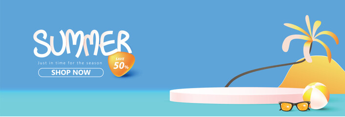 Summer sale banner template for promotion with product display cylindrical shape and beach background