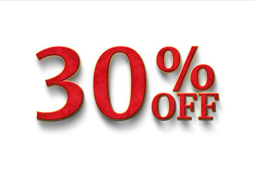 Discount 30 percent off. 3D illustration on white background.