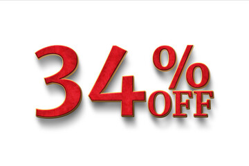 Thirty four percent off. Discount 34 . 3D illustration on white background.