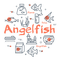 Angelfish circular vector banner. Linear aquarium icons in cirlce design