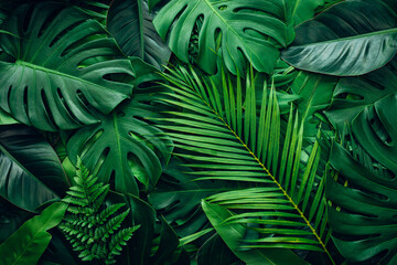 closeup nature view of palms and monstera and fern leaf background. Flat lay, dark nature concept, tropical leaf. - obrazy, fototapety, plakaty