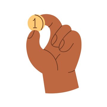 Hand holding one penny coin, squeezed between fingers. Gold money, cash in arm icon. Dollar cent, change. Finance, economy concept. Colored flat vector illustration isolated on white background