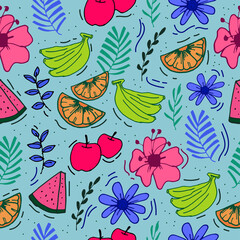 fresh summer background. seamless pattern with leaves, apple, lemon, banana, watermelon fruits and flower illustration on blue background. hand drawn vector. wallpaper, fabric, textile, wrapping paper