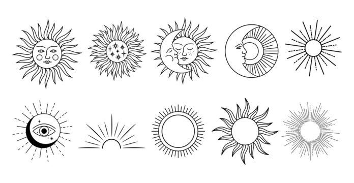 Black sun icons set. Celestial symbol isolated on a white background.