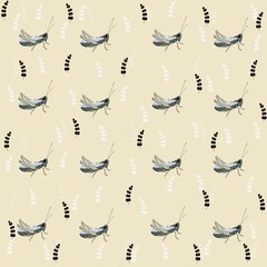 Obraz na płótnie Canvas Seamless pattern with grasshoppers on yellow background. Insects illustration for fabric, wallpapers, textile, kids design, paper, nursing.