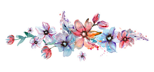 Fototapeta na wymiar Watercolor floral design. Pink and Blue flowers and watercolor splashes. High quality photo