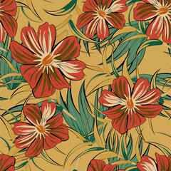 Summer seamless background with Cosmos wildflowers and grass. Pattern for printing on the material, advertising booklets. Stylized as a watercolor.