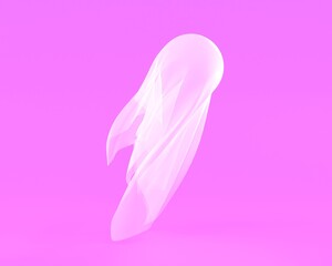 White transparent silk cloth on pink background, 3d render. Ghost sheet costume, spirit or phantom silhouette, Halloween spooky character. Flying satin fabric, dynamic textile object, minimal concept