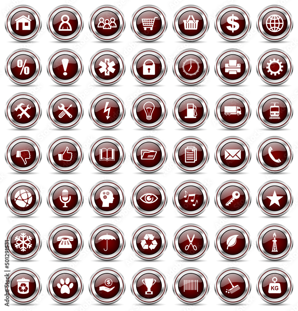 Aufkleber Silver metallic web icon collection. Set of circle red buttons. Technology and business concept illustration.