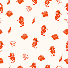 seashell with seahorse illustration. marine life background. hand drawn vector. seamless pattern with cute seashell and seahorse. wallpaper, fashion printing, fabric, textile, wrapping paper and gift.