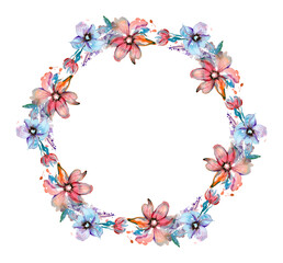 Watercolor floral design. Pink and Blue flowers and watercolor splashes. High quality photo