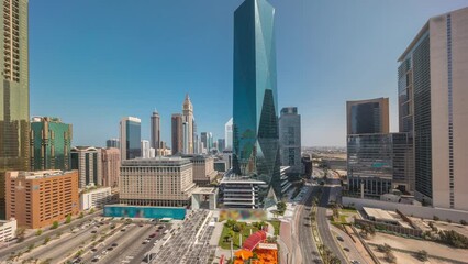 Dubai International Financial district aerial all day timelapse. Panoramic view of business and financial office towers.