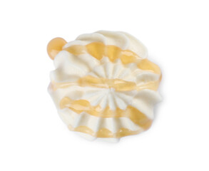 Fototapeta na wymiar Delicious fresh whipped cream with caramel sauce isolated on white, top view