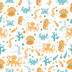 set of sea animal icon. hand drawn vector. marine background. seamless pattern with coral, crab, octopus, seahorse, pearl shell, seashell and bubble illustration. wallpaper, kids fashion, textile. 