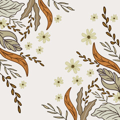 bohemian floral frame. leaf and flower illustration on beige background. hand drawn vector. leaf frame, border. brown leaf. vintage sytle. wallpaper, greeting and invitation card, postcard, wedding