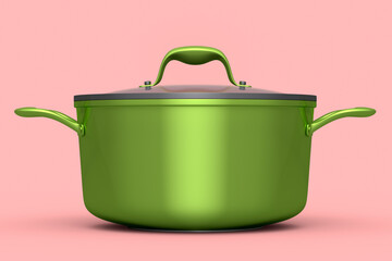 Stainless steel stewpot and chrome plated aluminum cookware on pink background