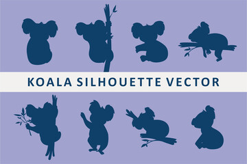 silhouette set of cute grey koala bear in different poses eating sleeping leaves cartoon animal design flat vector illustration isolated on white background