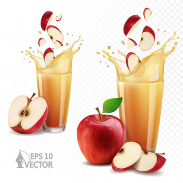 Juicy splash and drops, real apple juice in a glass, natural fresh red apples, slices and halves, 3d realistic vector illustration set
