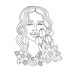 Silhouette of a girl with flowers tulips in the style of line art, coloring book, print on the product, laser engraving on textiles, vector