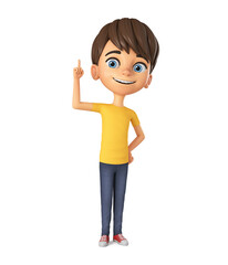 Cheerful boy character in yellow t-shirt shows thumb up on white background. 3d render illustration.