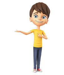 The character of a cheerful boy points a finger at an empty hand on a white background. 3d render illustration.