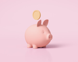 Pink piggy bank and coin on a pink background. 3d render illustration.