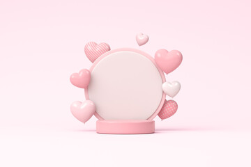 Presentation stand and balloons in the form of a heart on a pink background. 3d render illustration.