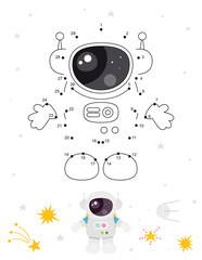 Space activities for kids. Dot to dot game – Astronaut. Numbers games for kids. Coloring page. Vector illustration.